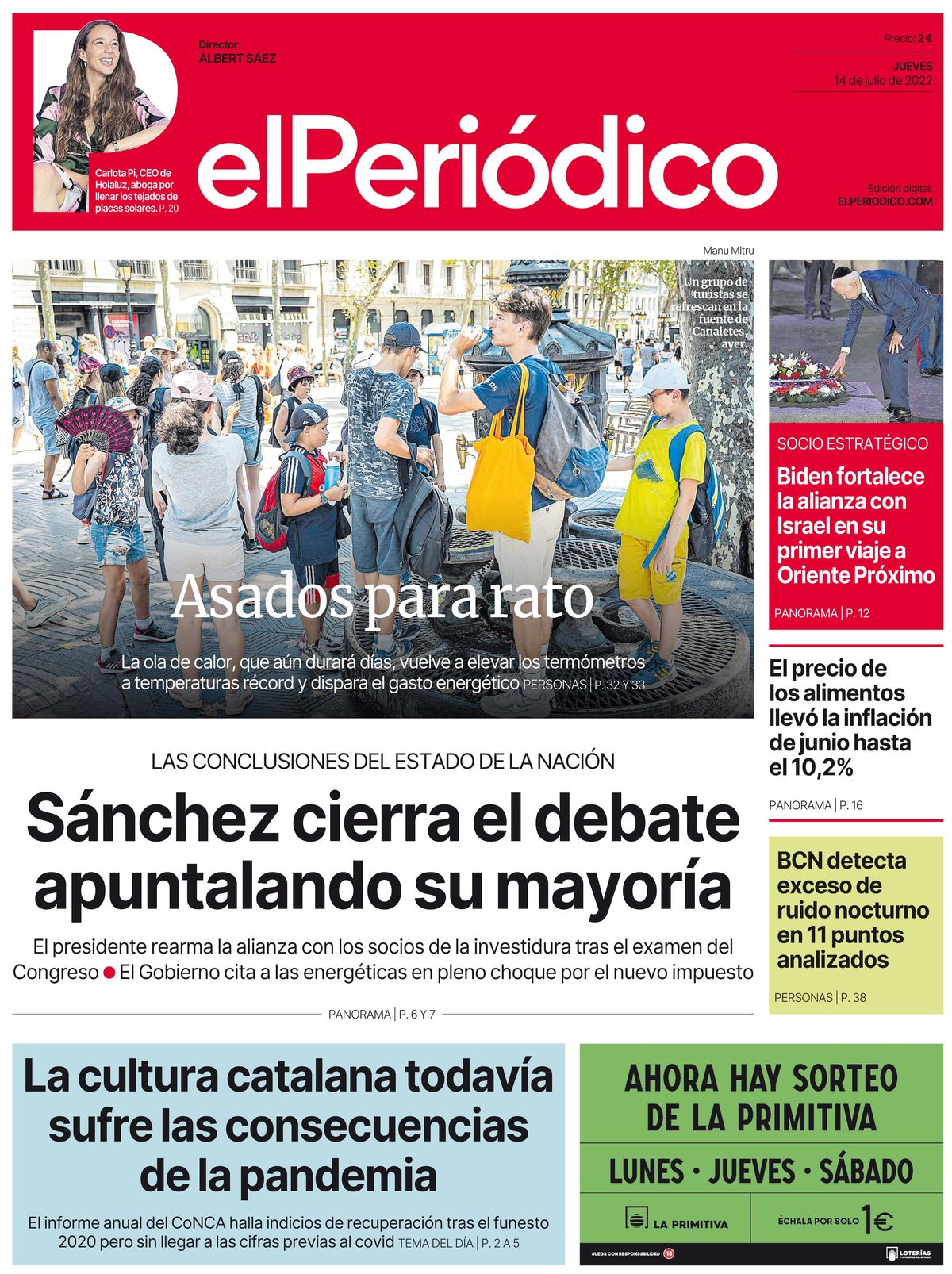 La portada d’EL PERIÓDICO del 14 de juliol del 2022
