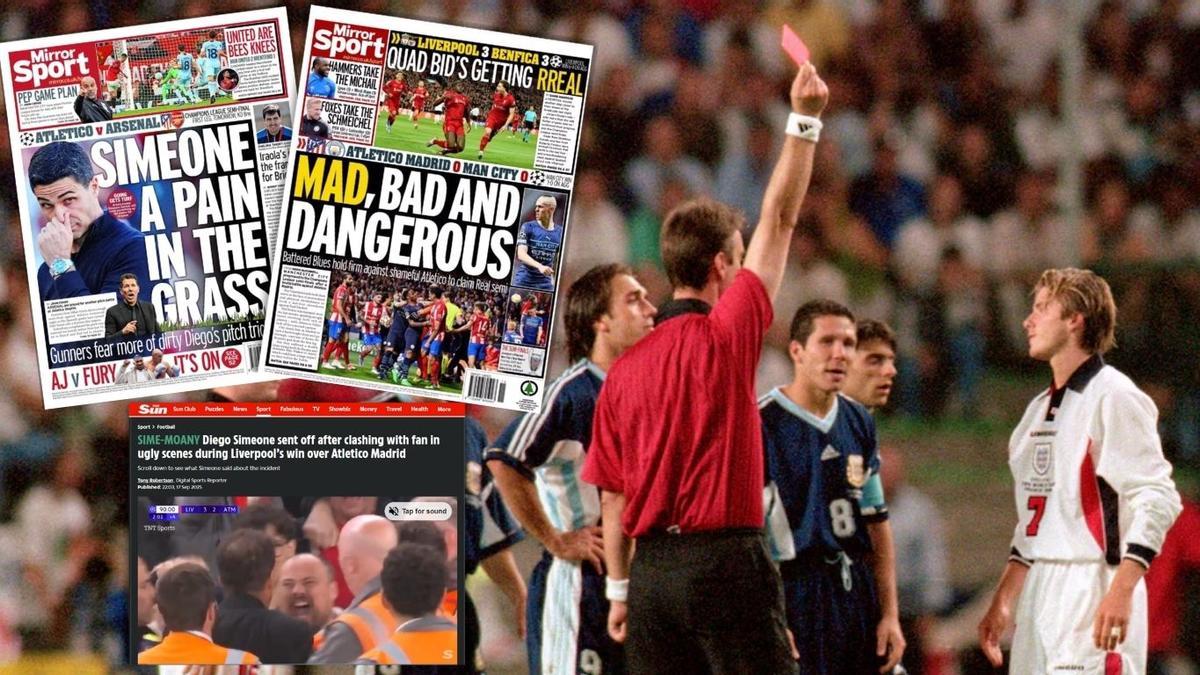 Expulsión de Beckham tras agredir a Simeone en el Mundial de 1998. A la izquierda, portadas de periódicos ingleses criticando al técnico argentino.