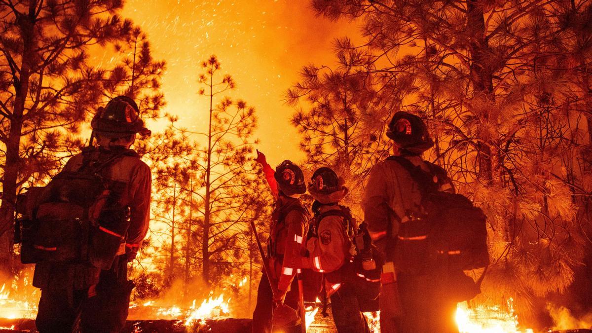 CalFire Placer Crew firefighters monitor a backfire during the Mosquito fire in Foresthill, an unincorporated area of Placer County, California on September 13, 2022. - The Mosquito Fire, California's current largest blaze, has now swept through nearly 50,000 acres in the Sierra Nevada Mountains, with several small nearby towns evacuated.