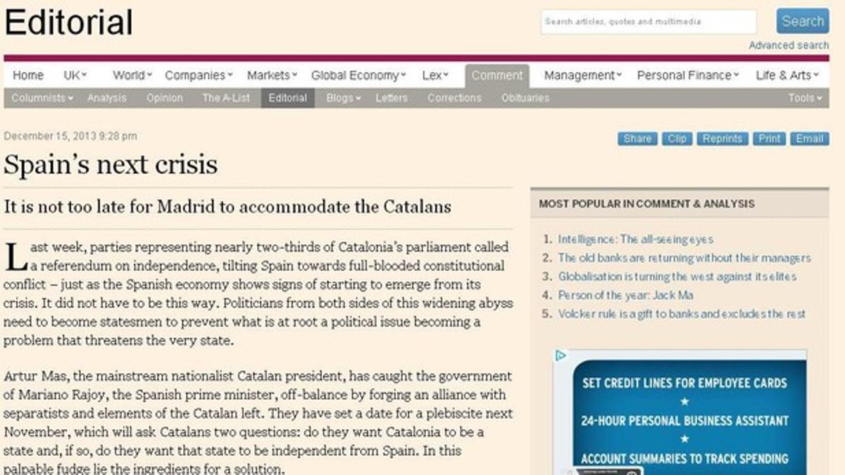 El editorial del 'Financial Times', titulado 'La próxima crisis de España'.