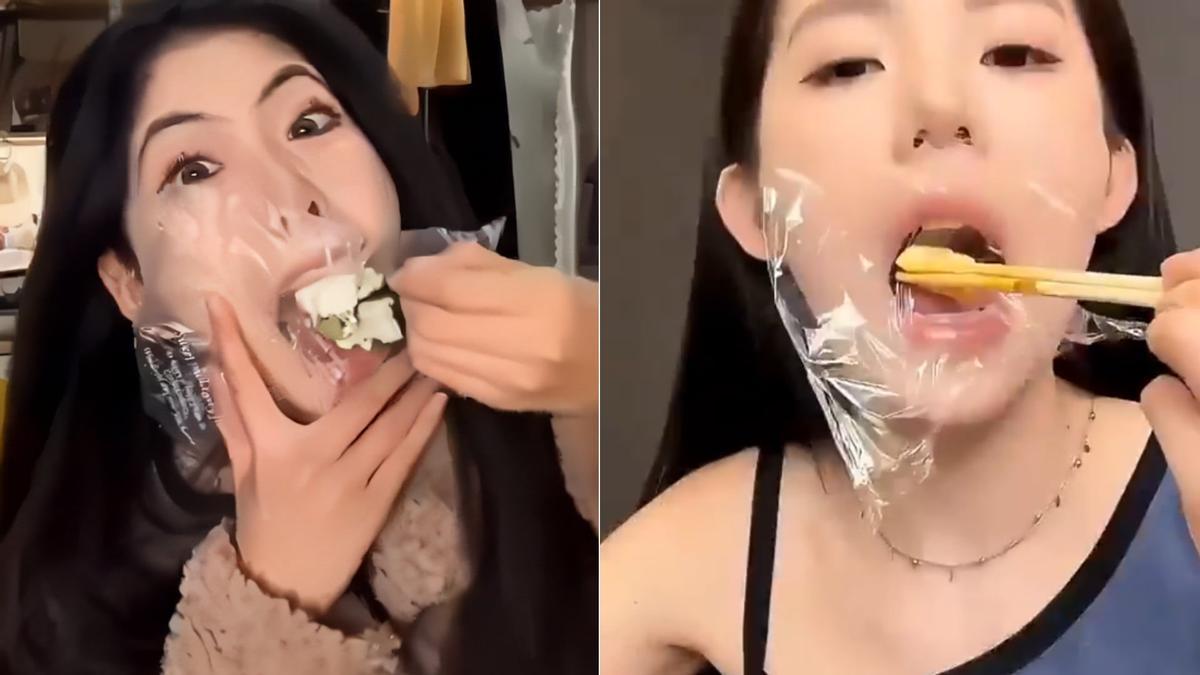 Dos jóvenes chinas comiendo con plástico, en sendos vídeos subidos a redes sociales.