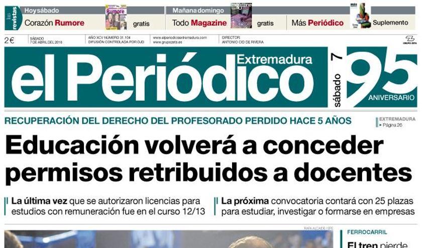 Esta es la portada de EL PERIÓDICO EXTREMADURA correspondiente al día 7 de abril del 2018