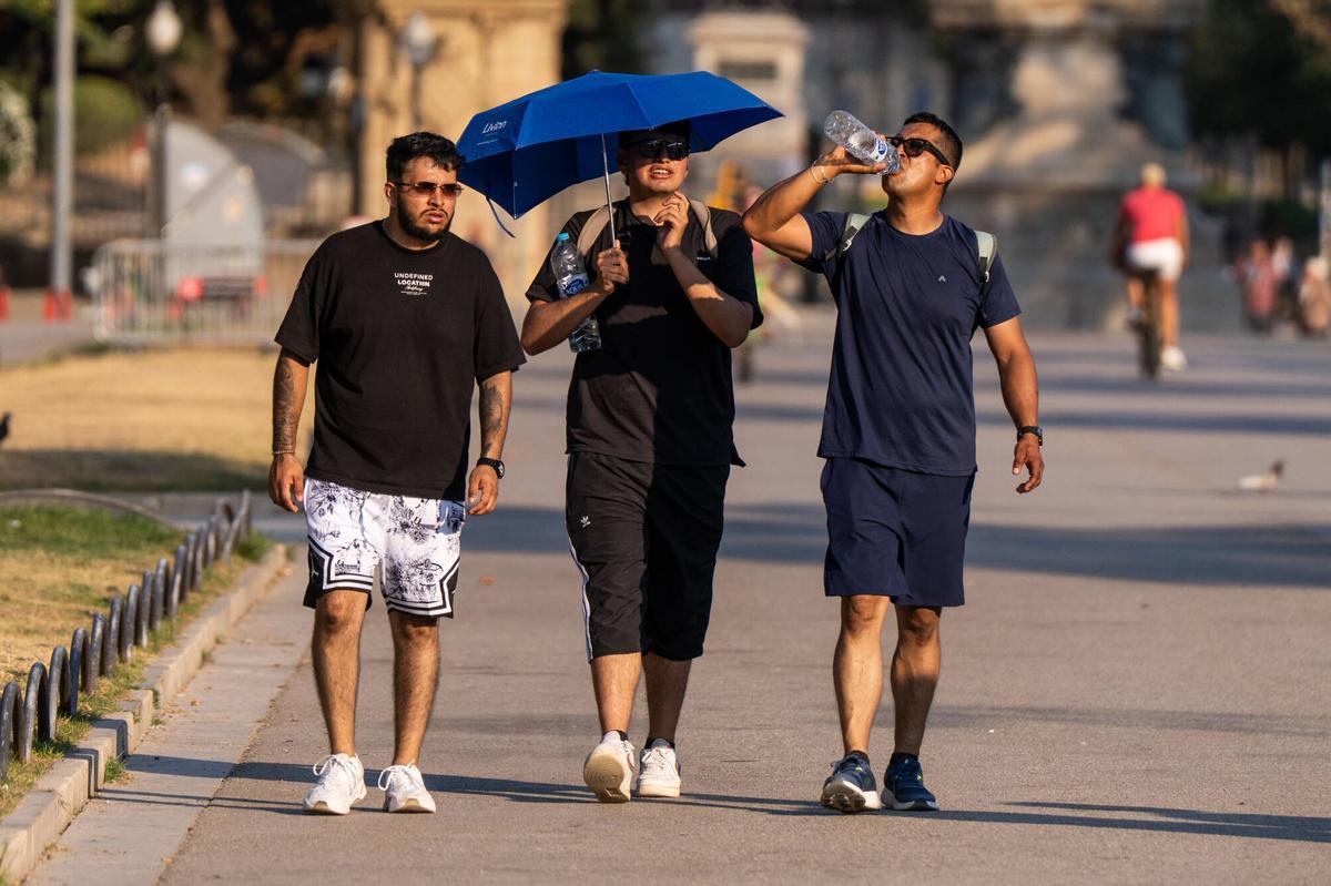Barcelona. Barcelona bate el récord histórico absoluto de calor con 40,7ºC, turistas soportando el calor en el entorno del park de Ciutadella . 8 de julio de 2026. Sociedad. AUTOR: ZOWY VOETEN