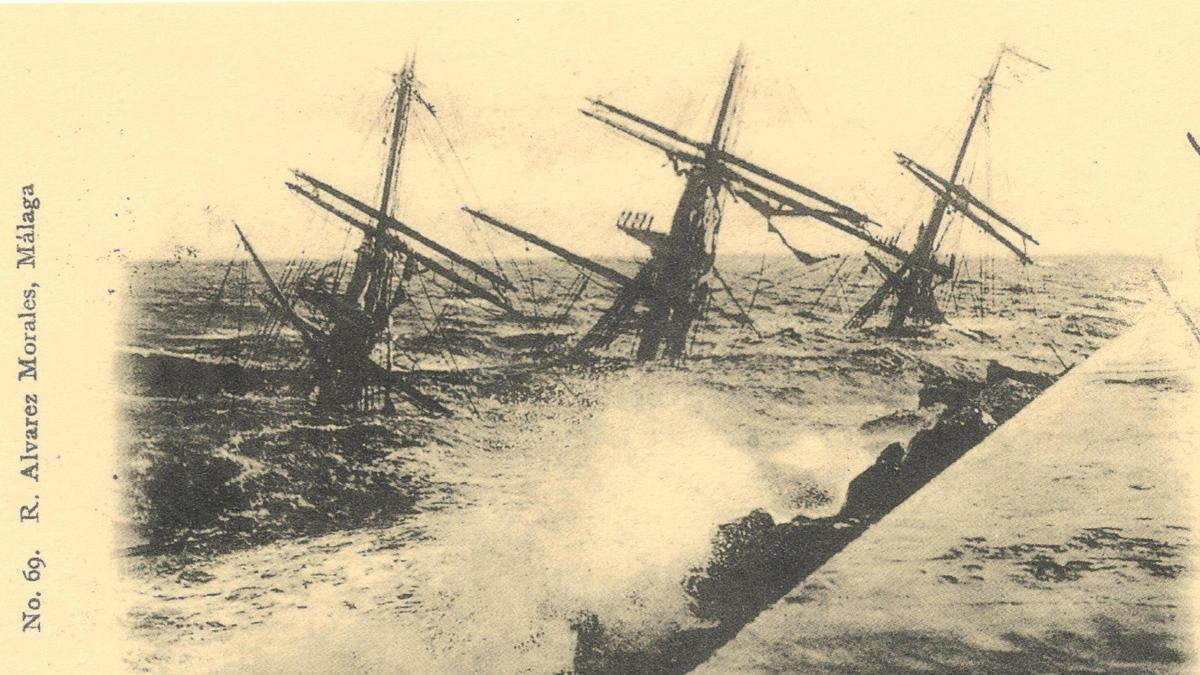 Postal, obra de Sabina Muchart, del hundimiento del buque escuela Gneisenau al impactar contra el dique de Levanta arrastrado por el vendaval del sureste.