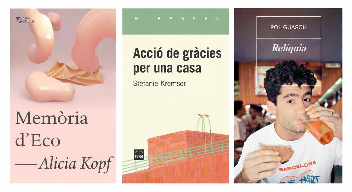 Portadas de 'Memòria d'Eco', 'Acció de gràcies per una casa' y 'Peixos.