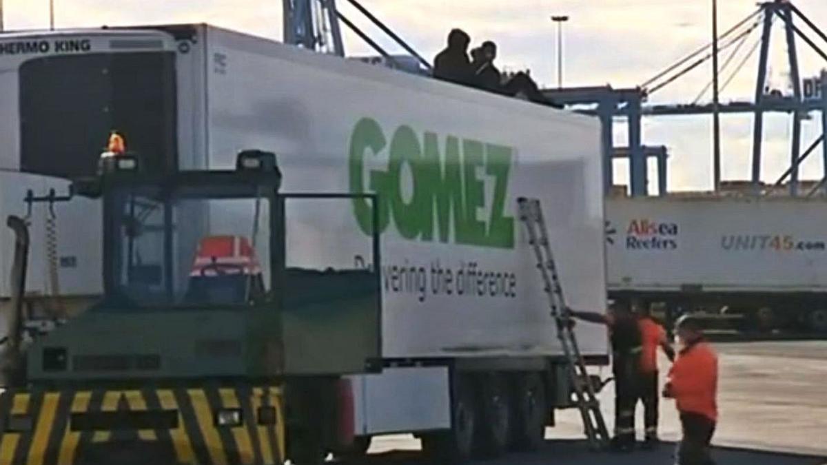 Dos de los polizones interceptados ayer sobre un contenedor que iba a ser transportado a Huelva. | | TELEVISIÓN CANARIA @RTVC.ES