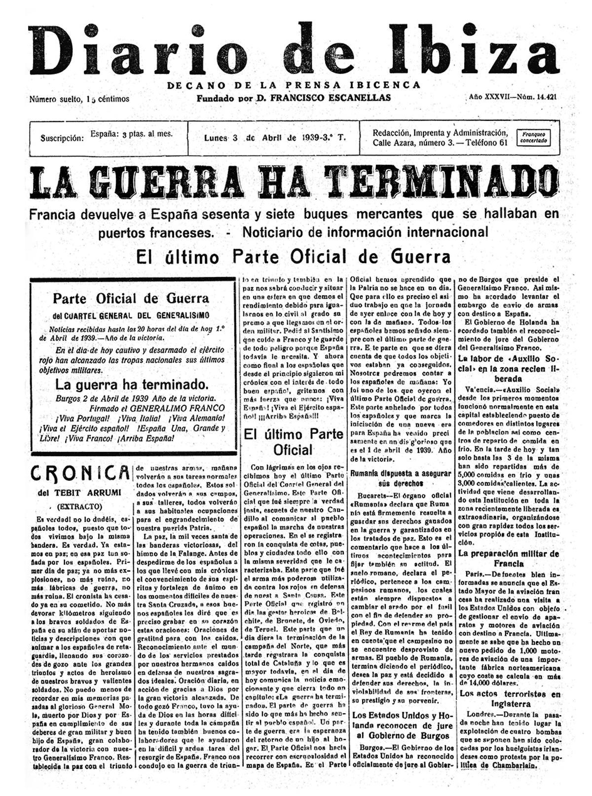 3 de abril de 1939. Acaba la Guerra Civil. Ibiza confía en recuperar el incipiente turismo iniciado a comienzos de la década de los años 30 y pide la protección de las murallas.