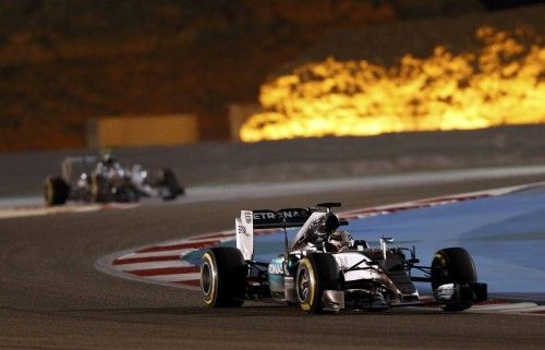 Mercedes Formula One driver Hamilton of Britain drives during Bahrain's F1 Grand Prix at Bahrain International Circuit