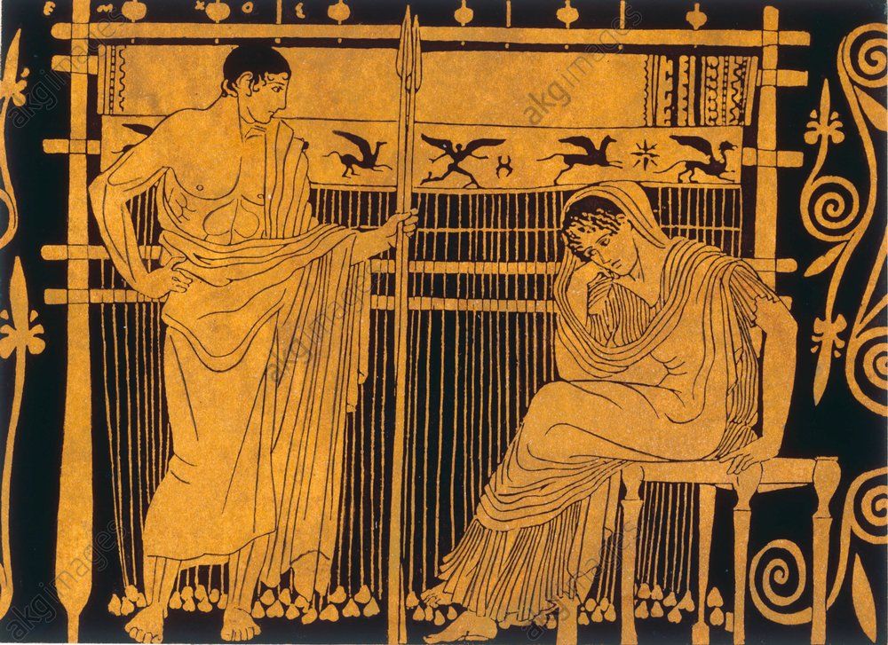 Ilustración de una vasija griega en la que aparecen Penélope y su hijo Telémaco.