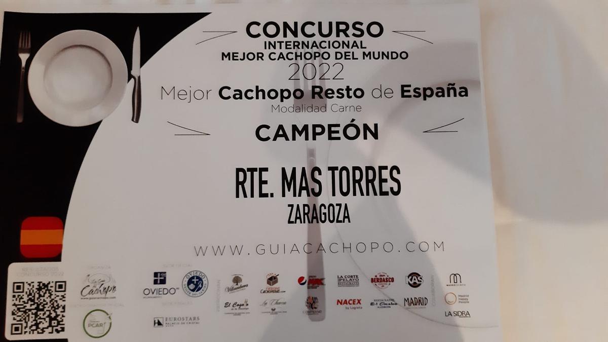 Uno de los dos premios que ha recibido el restaurante de Zaragoza