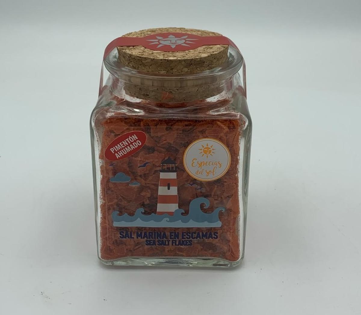 Especias del Sol, bote de Sal Escamas con Pimentón.