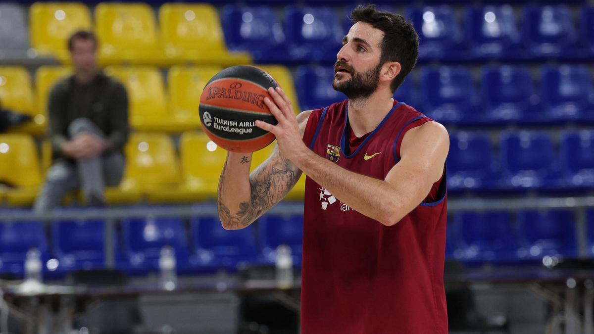 Ricky Rubio en su primer entrenamiento con el Barça en el Palau Blaugrana.