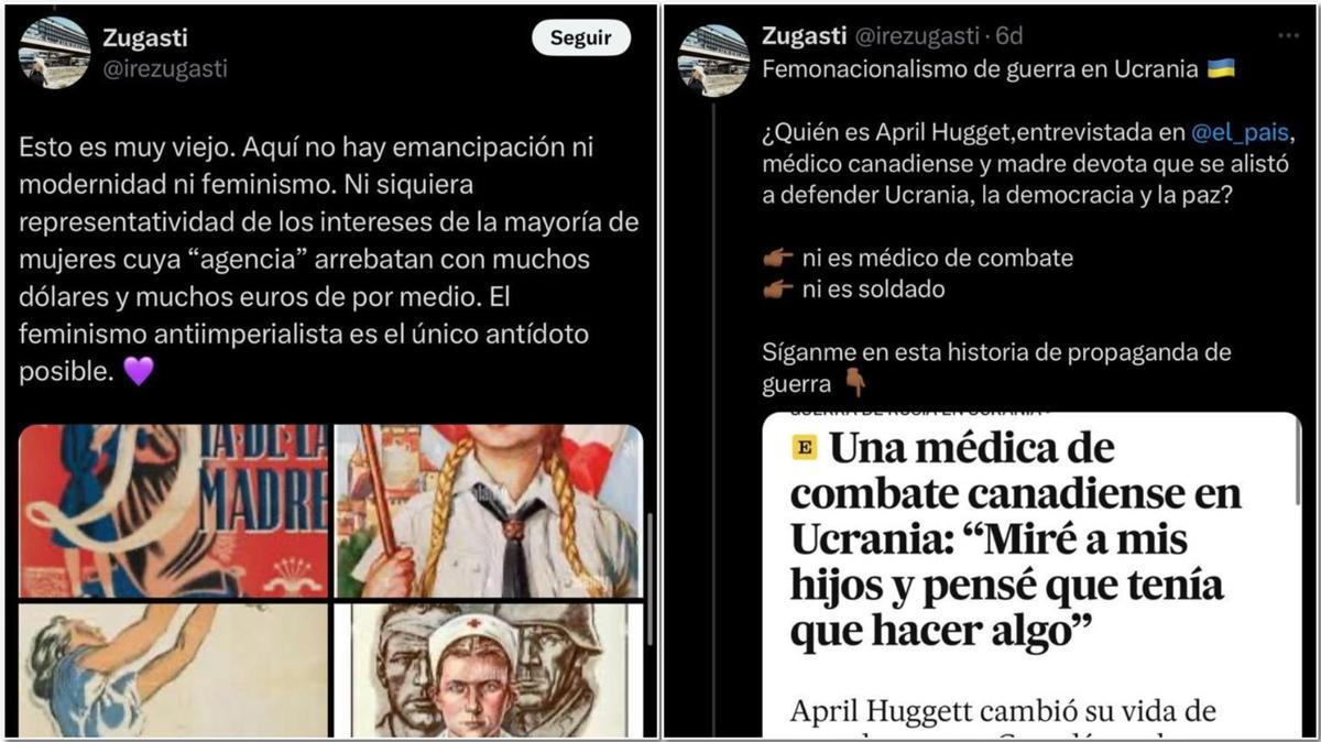 Capturas de pantalla de los post de Irene Zugasti equiparando con una enfermera nazi a una médica militar canadiense.