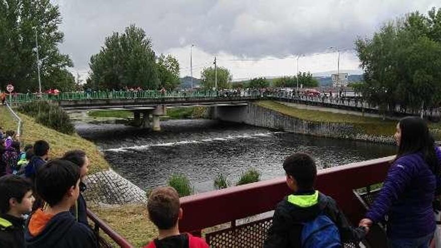 Los escolares simularon un abrazo sobre el río. // FdV