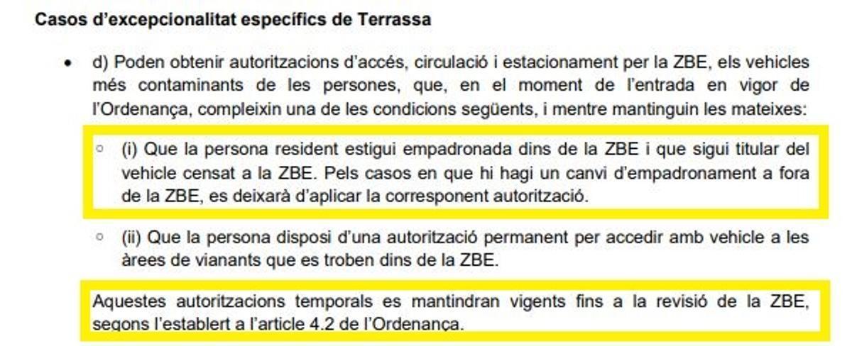 Extracte de l’ordenança municipal de ZBE de Terrassa.