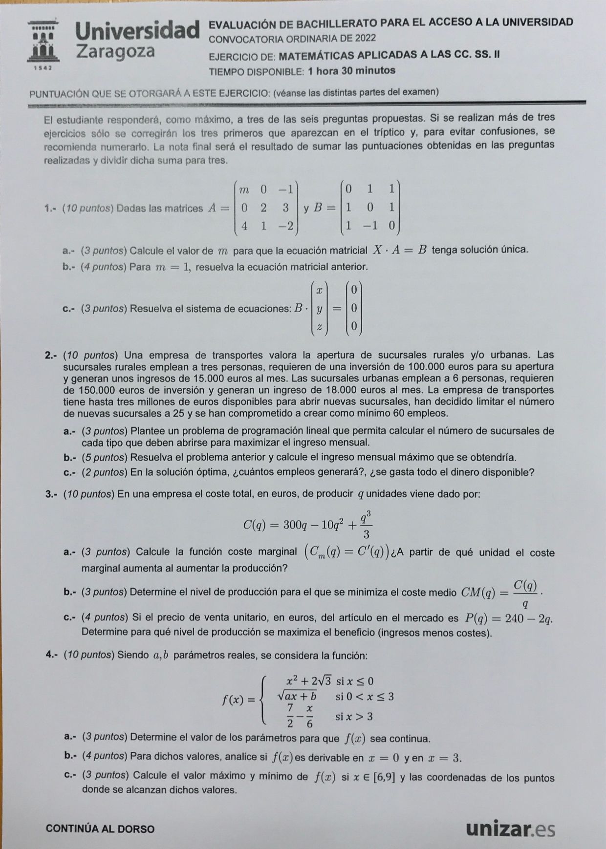 Examen de la Evau de Matemáticas