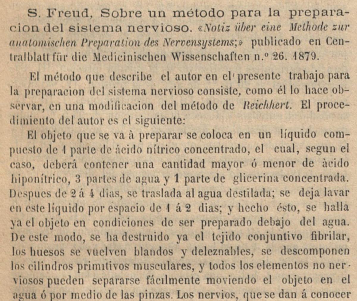 Parte do resumo do artigo de Freud aparecido na ‘Revista General de los Progresos de la Medicina en Europa y América’ (1879).