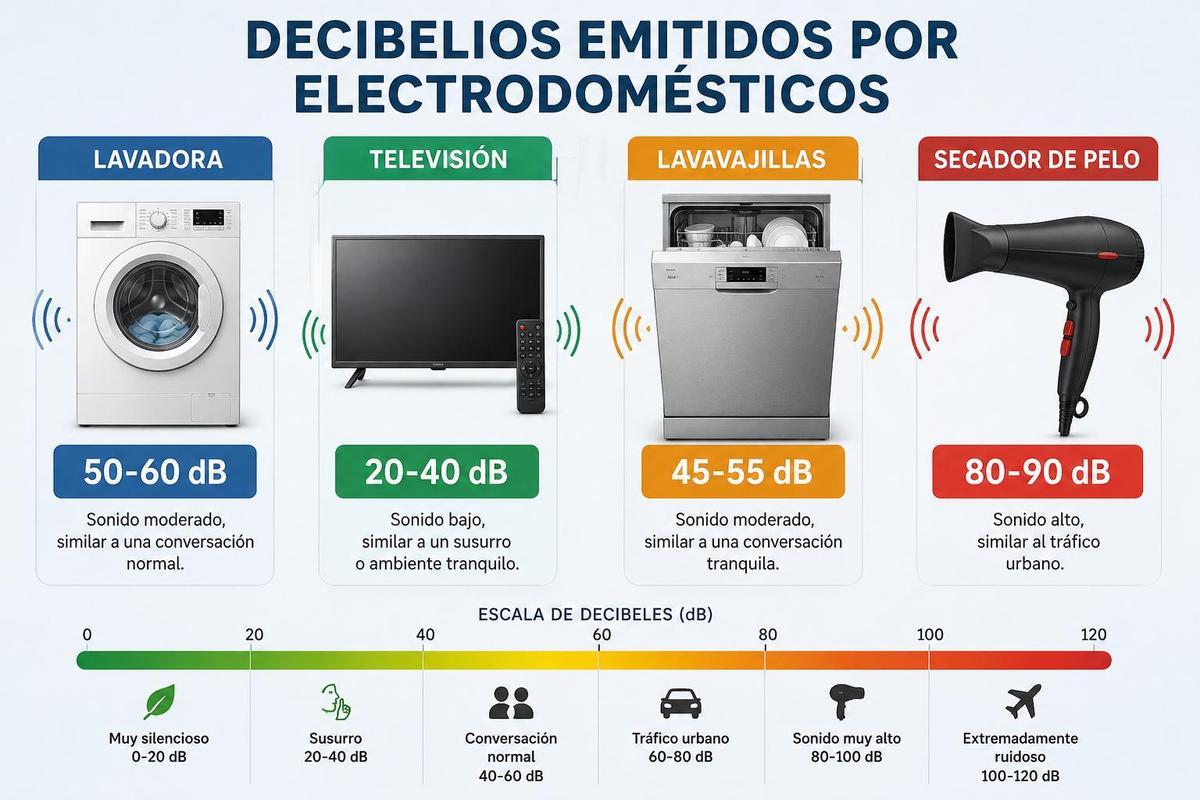 Infografía de los decibelios emitidos por los diferentes electrodomésticos del hogar