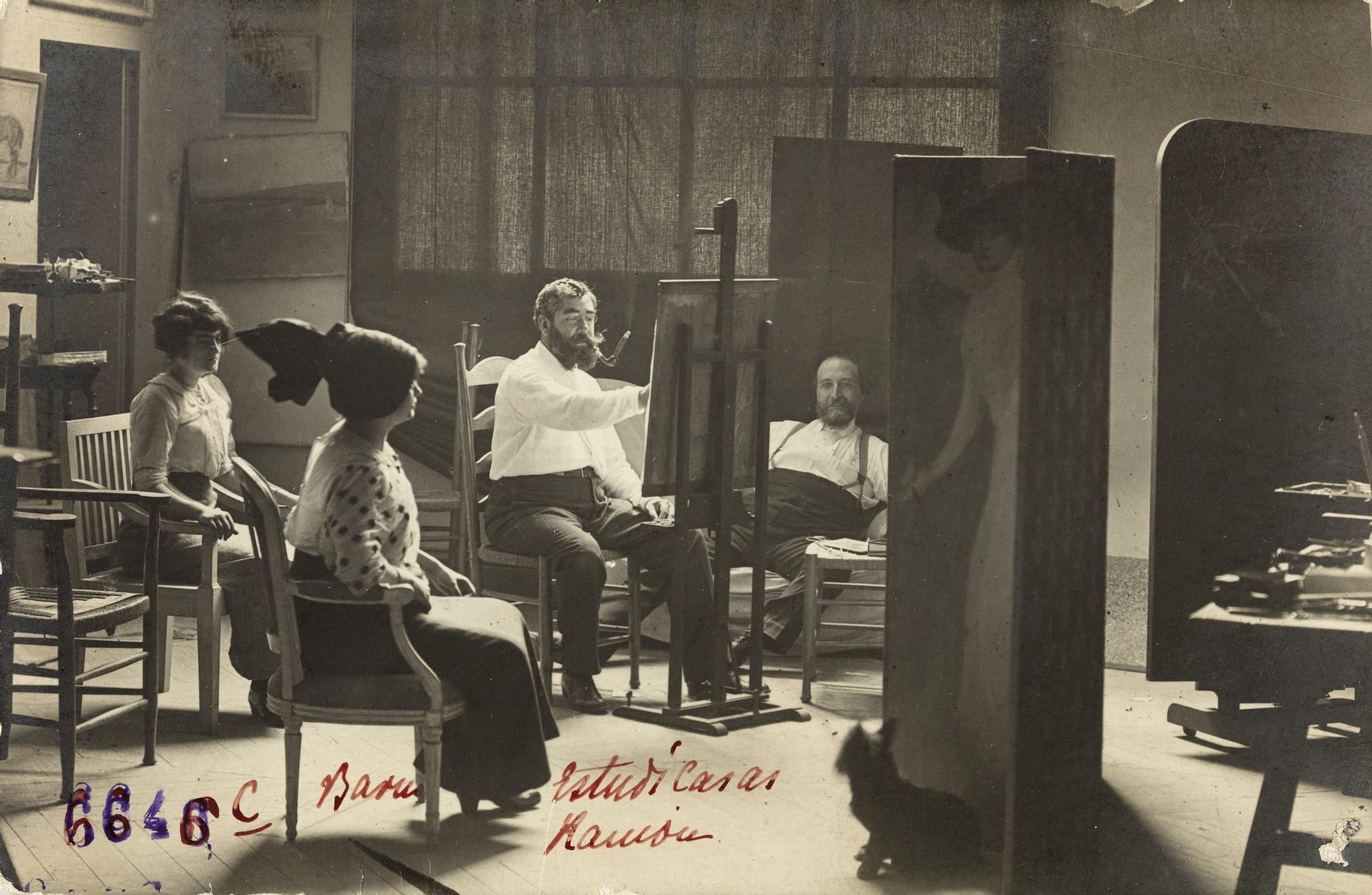 Ramon Casas pintant Júlia i Flora Peraire en presència d&#039;Adolf Mas