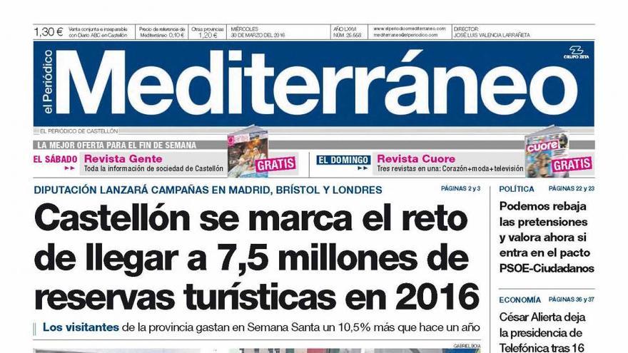 Castellón se marca el reto de llegar a 7,5 millones de reservas turísticas en 2016, en la portada de Mediterráneo