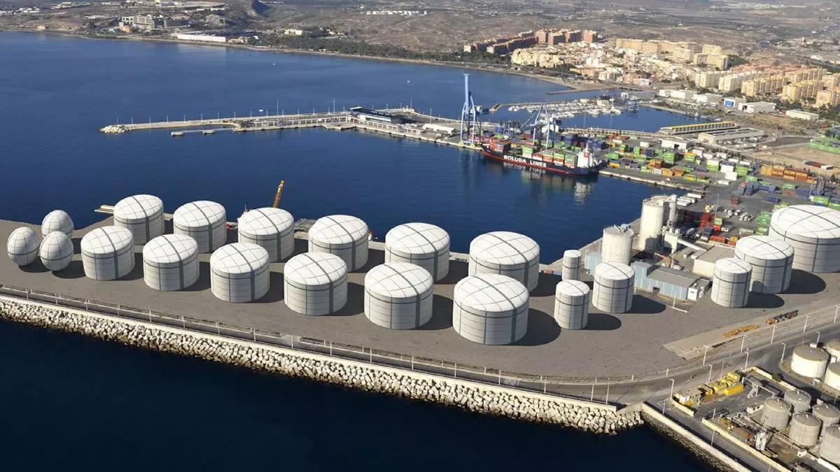 Imagen virtual elaborada por Guanyar en 2018 para denunciar cómo quedaría la planta para almacenar combustible en el puerto.