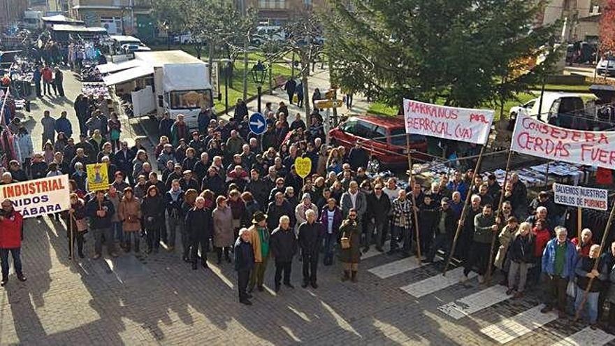 Participantes en la concentración contra las macrogranjas celebrada ayer en la plaza de Tábara. P. U.