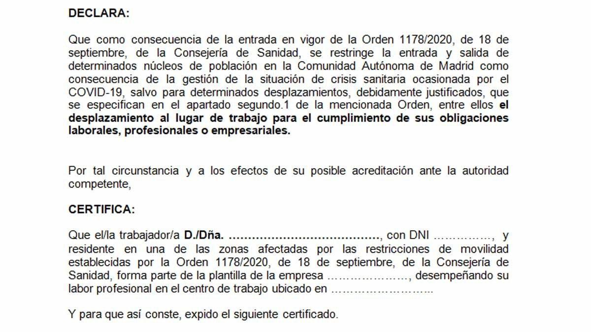 Madrid difunde un justificante de movilidad para entrar y salir de las zonas confinadas