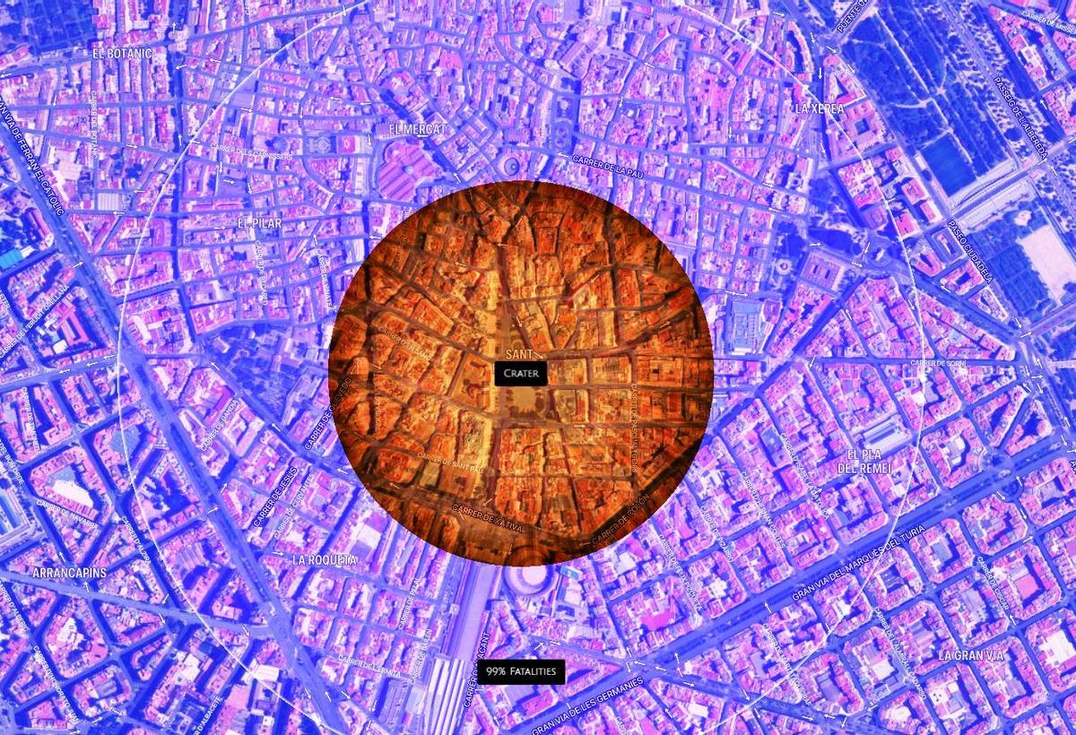 El cráter que abriría el impacto del asteroide en el centro de València.