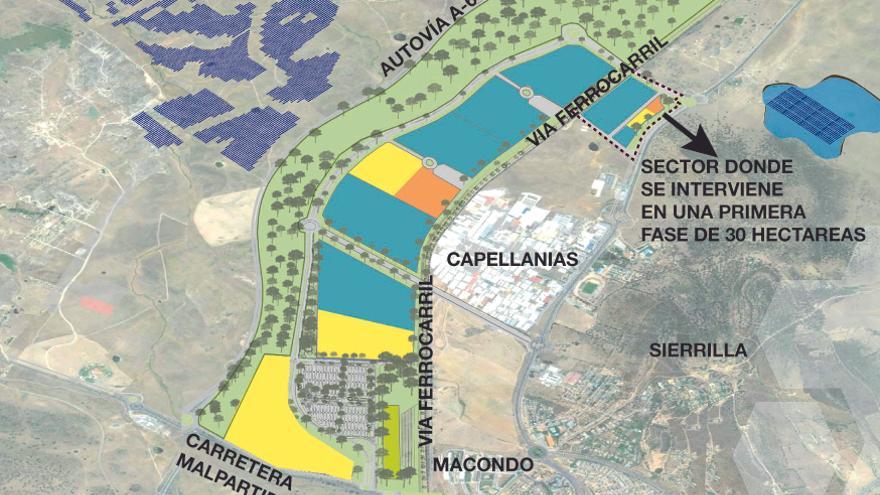 Planteamiento inicial del ecopolígono con todo el suelo industrial del plan de urbanismo. Ahora solo se actúa en las 30 hectáreas que están al norte de Capellanías.