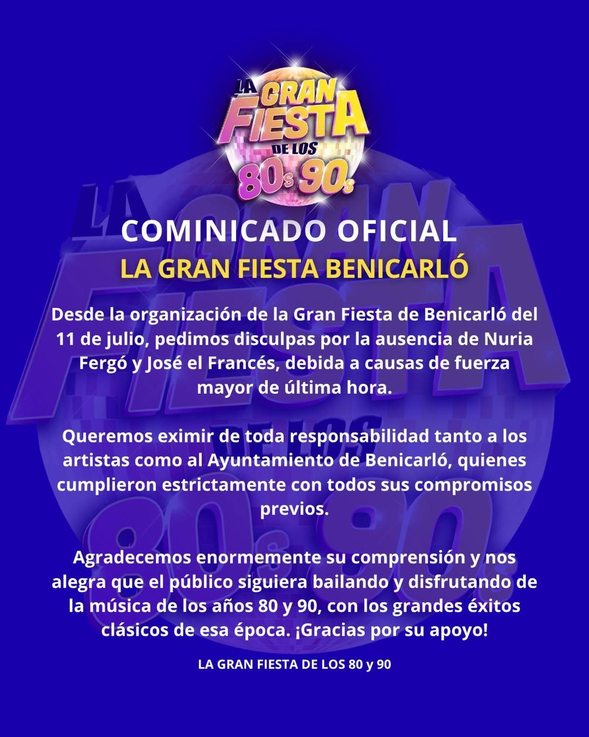 Comunicado de la promotora On Beat.