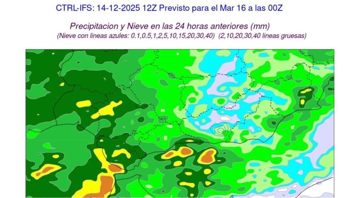 Precipitación prevista hoy lunes, 15 de diciembre, en Andalucía.