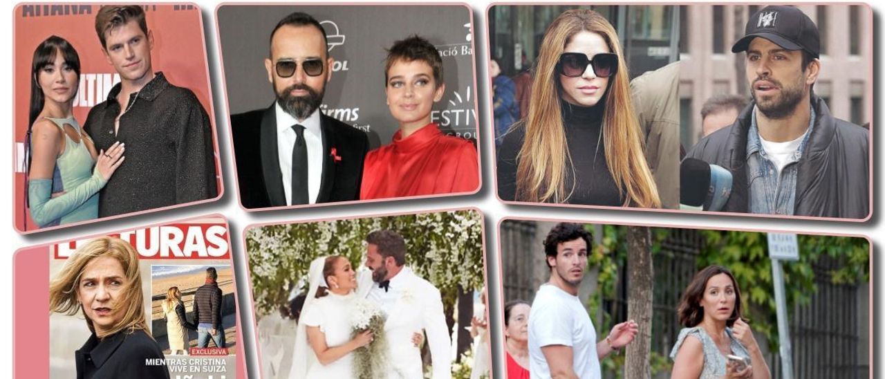 De izquierda a derecha y de arriba a abajo, Aitana y Miguel Bernardeau; Risto Mejide y Laura Escanes; Shakira y Piké; la infanta Cristina en ’Lecturas’; Jennifer Lopez y Ben Affleck, y Tamara Falcó e Íñigo Onieva.