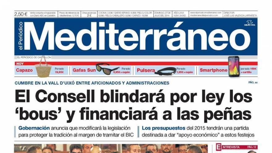 El Consell blindará por ley los ‘bous’ y financiará a las peñas, hoy en la portada de El Periódico Mediterráneo