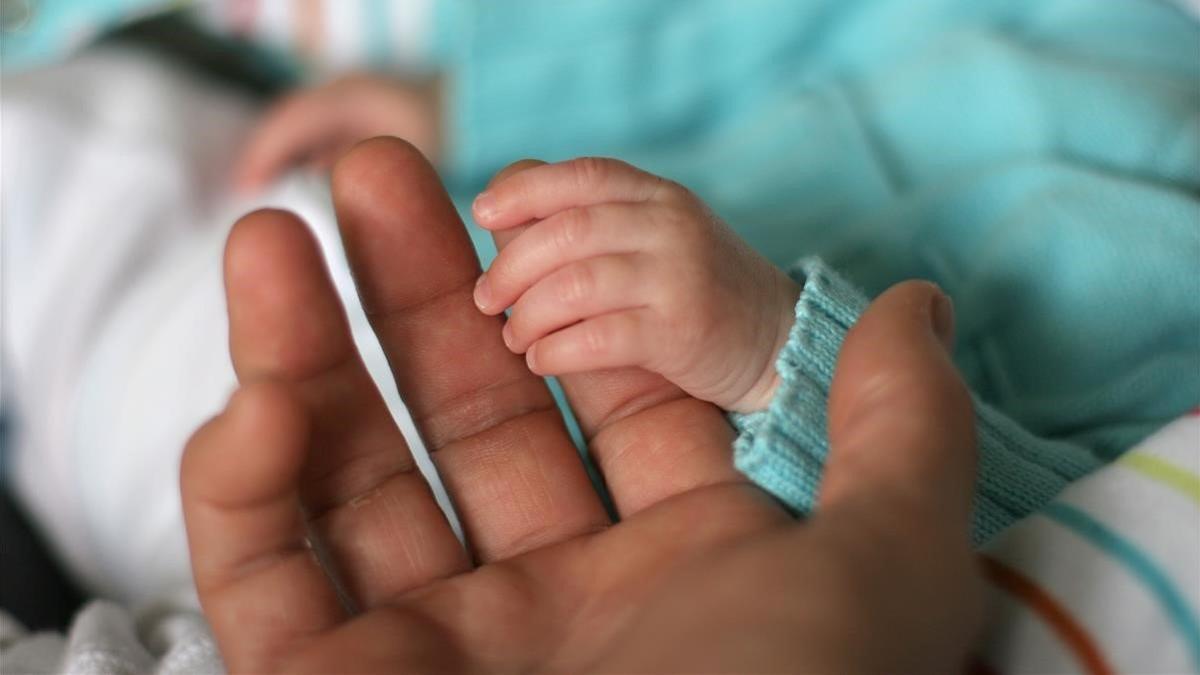 Un bebé coge el dedo de su padre.