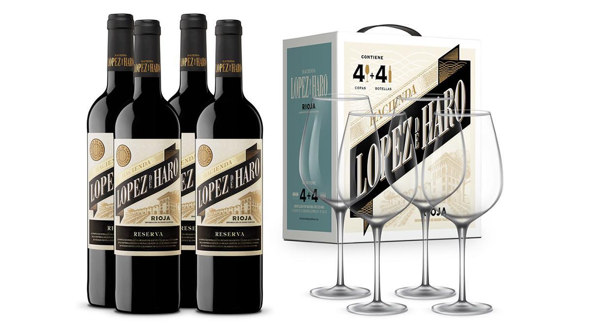 Pack de 4 botellas Hacienda Lopez de Haro con 4 copas regalo en Casa Gourmet