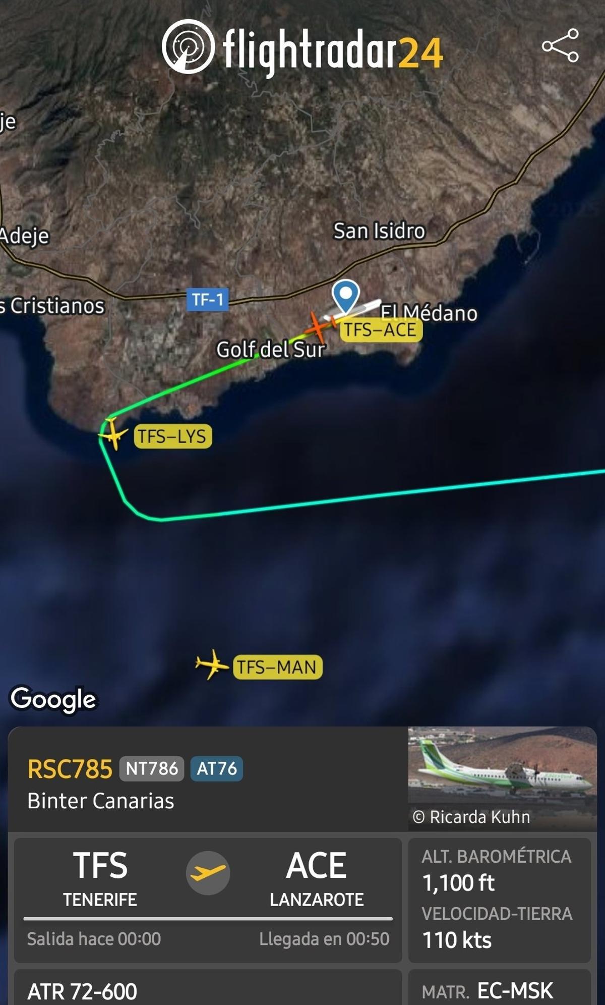 Captura de la ruta del vuelo afectado.