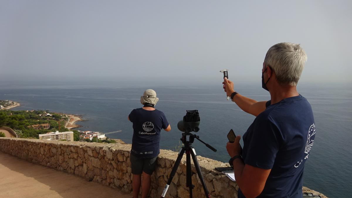 Dos de los investigadores del proyecto Cabo Rorcual, en la torre del Gerro de Dénia, el punto de avistamiento de las especies