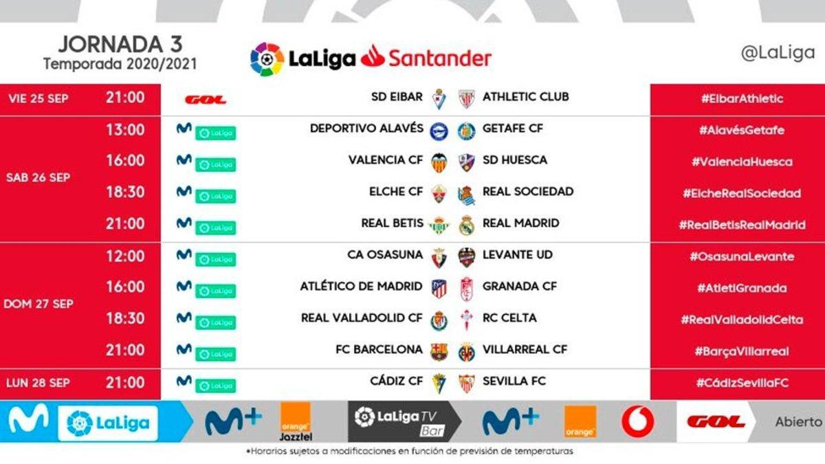 Los horarios de toda la jornada 3 de LaLiga