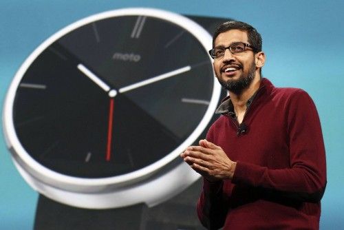 Pichai, Google's senior vice president of Android, Chrome and Apps, speaks about wearables during his keynote address at the Google I/O developers conference in San Francisco