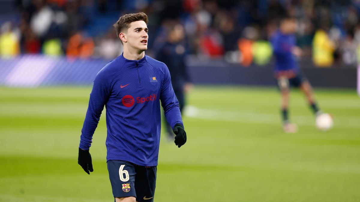 Pablo Martin Gavi of FC Barcelona warms up during the Spanish Cup, Copa del Rey, Semi Finals football match played between Real Madrid and FC Barcelona at Santiago Bernabeu stadium on March 02, 2023, in Madrid, Spain.