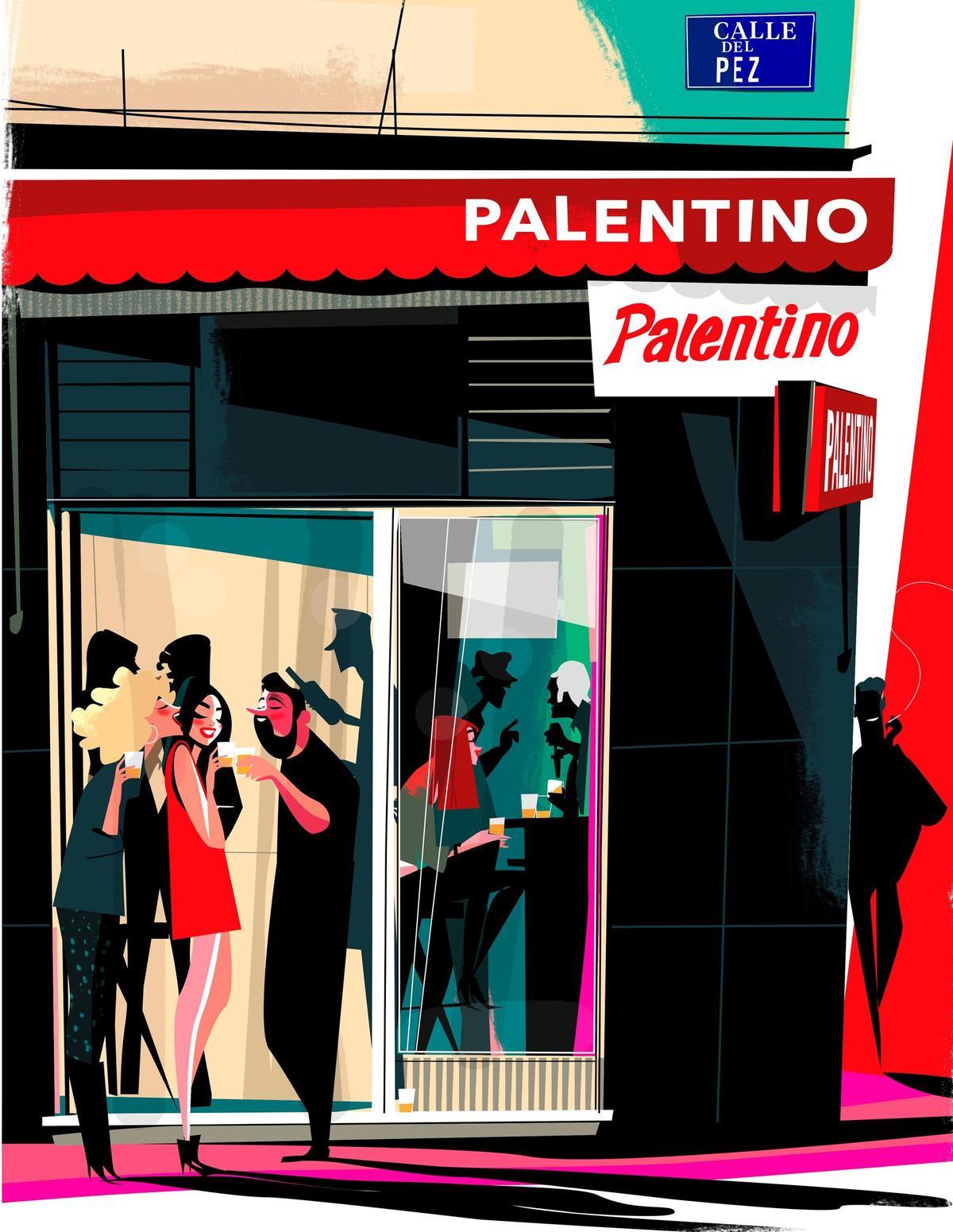 Obra dedicada al mítico bar Palentino, situado en la calle del Pez de Madrid.