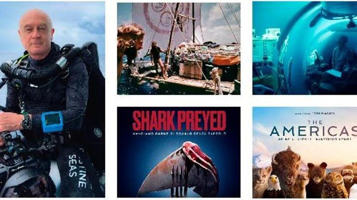 A la izquierda, Manu San Félix. Al lado, arriba, fotogramas de «The Raftsmen» y de «A life iluminated». Debajo, poster de «Shark Preyed» y «The Americas»