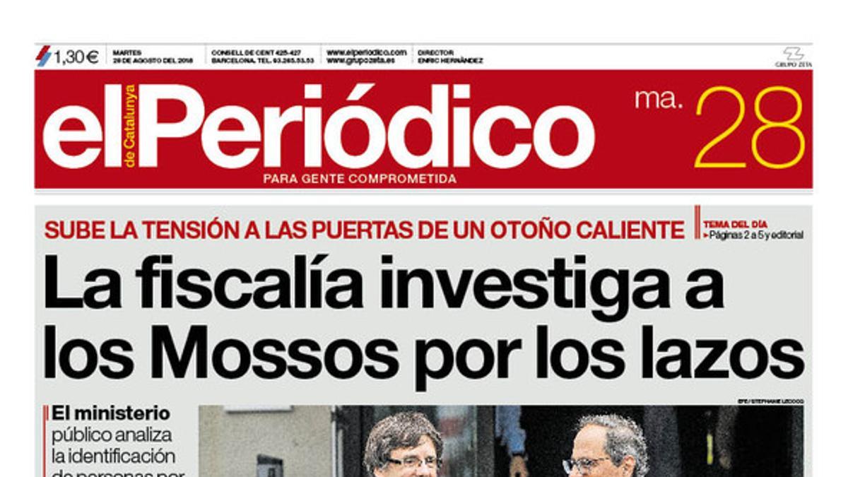 La portada de EL PERIÓDICO DE CATALUNYA del martes, 28 de agosto del 2018