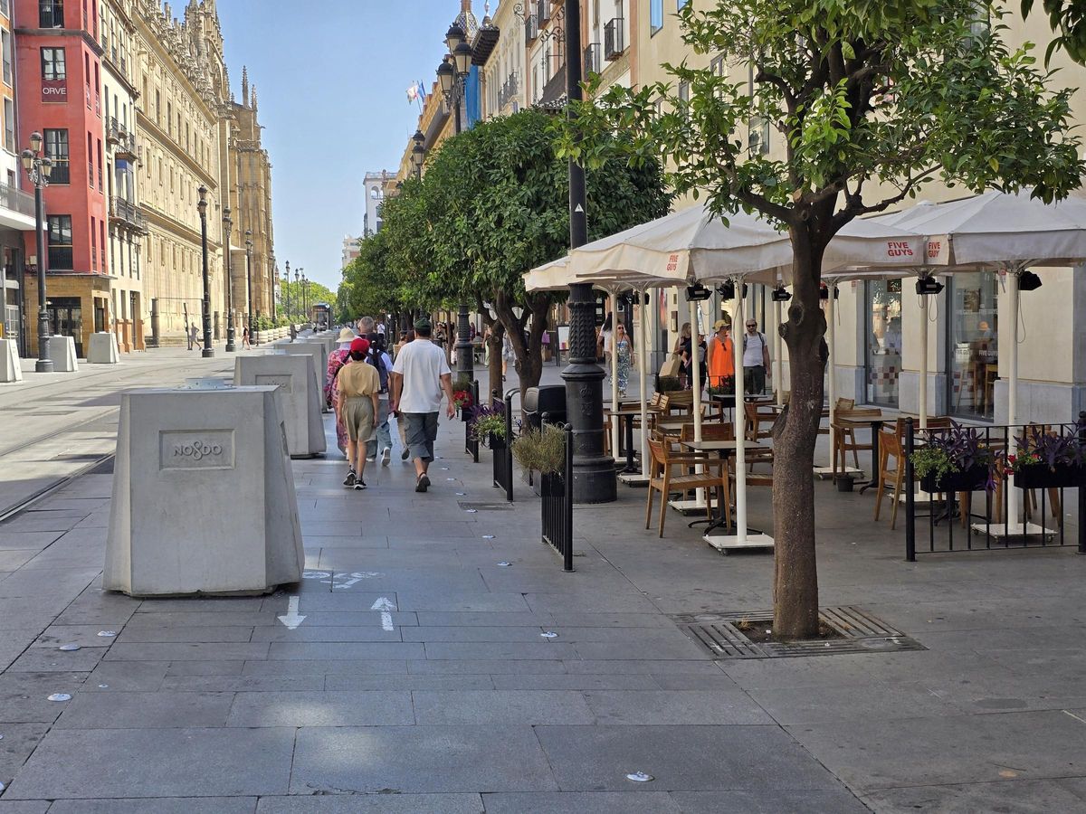 Peatones paseando por el carril bici de la avenida de la Constitución.