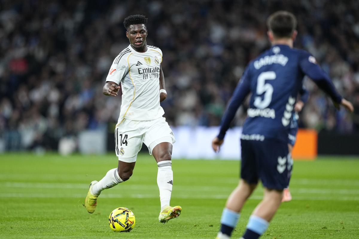 Aurelien Tchouameni of Real Madrid CF in action during the Spanish League, LaLiga EA Sports, football match played between Real Madrid and RC Celta de Vigo at Bernabeu stadium on December 07, 2025, in Madrid, Spain. AFP7 07/12/2025 ONLY FOR USE IN SPAIN. Oscar J. Barroso / AFP7 / Europa Press;2025;SOCCER;SPORT;ZSOCCER;ZSPORT;Real Madrid v RC Celta de Vigo - LaLiga EA Sports;