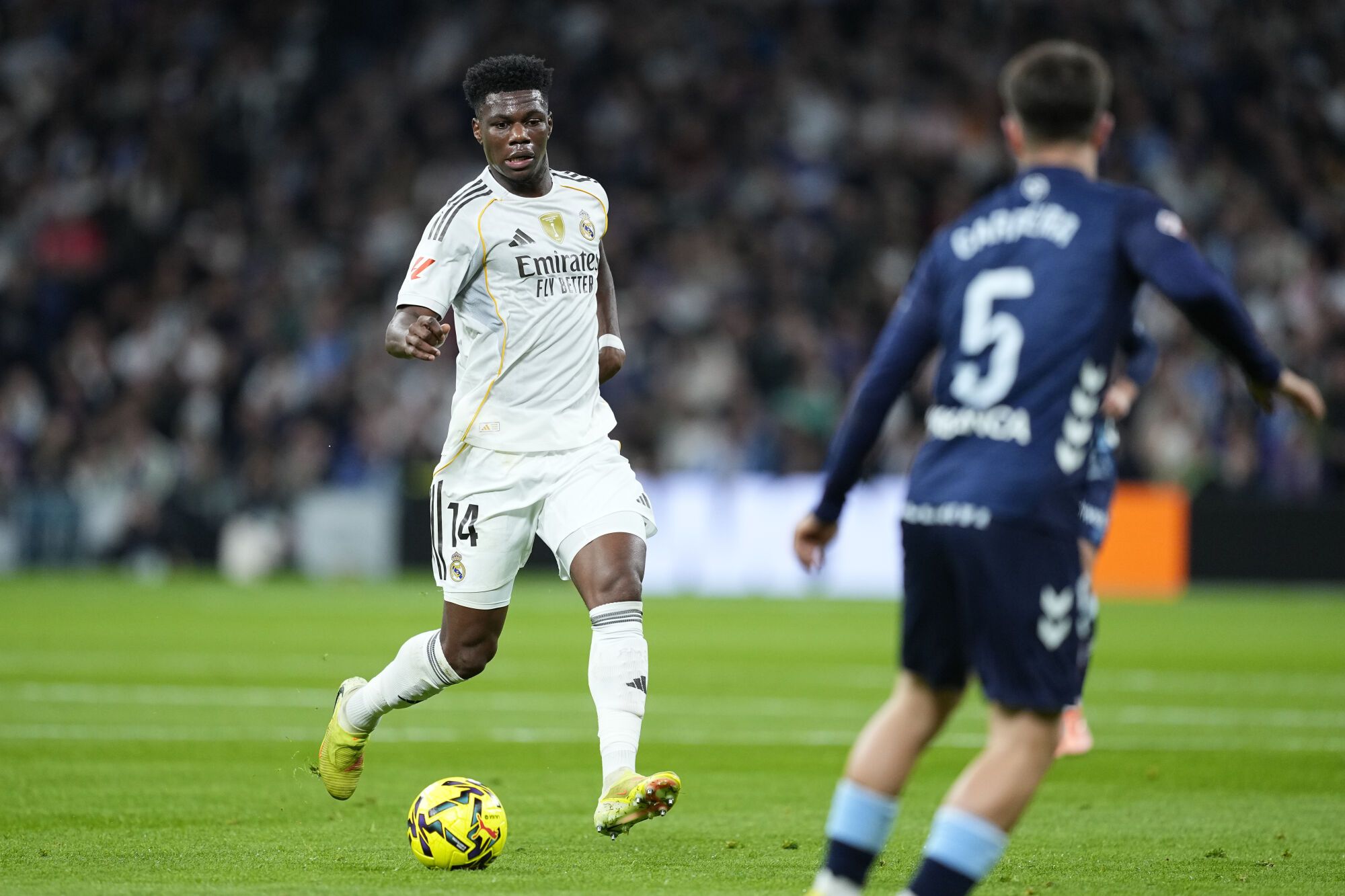 Aurelien Tchouameni of Real Madrid CF in action during the Spanish League, LaLiga EA Sports, football match played between Real Madrid and RC Celta de Vigo at Bernabeu stadium on December 07, 2025, in Madrid, Spain. AFP7 07/12/2025 ONLY FOR USE IN SPAIN. Oscar J. Barroso / AFP7 / Europa Press;2025;SOCCER;SPORT;ZSOCCER;ZSPORT;Real Madrid v RC Celta de Vigo - LaLiga EA Sports;