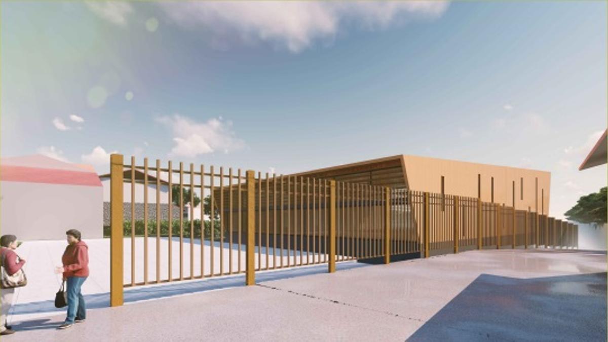 Infografía a pie de calle del futuro pabellón polideportivo de Aldeacentenera.