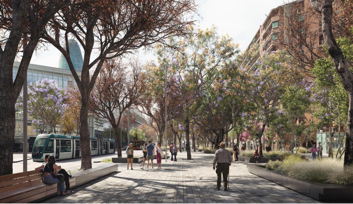 Imagen virtual del aspecto previsto tras la urbanización de todo el tramo de Gran Via asido a Glòries