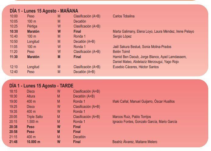 Horario de la competición del lunes.