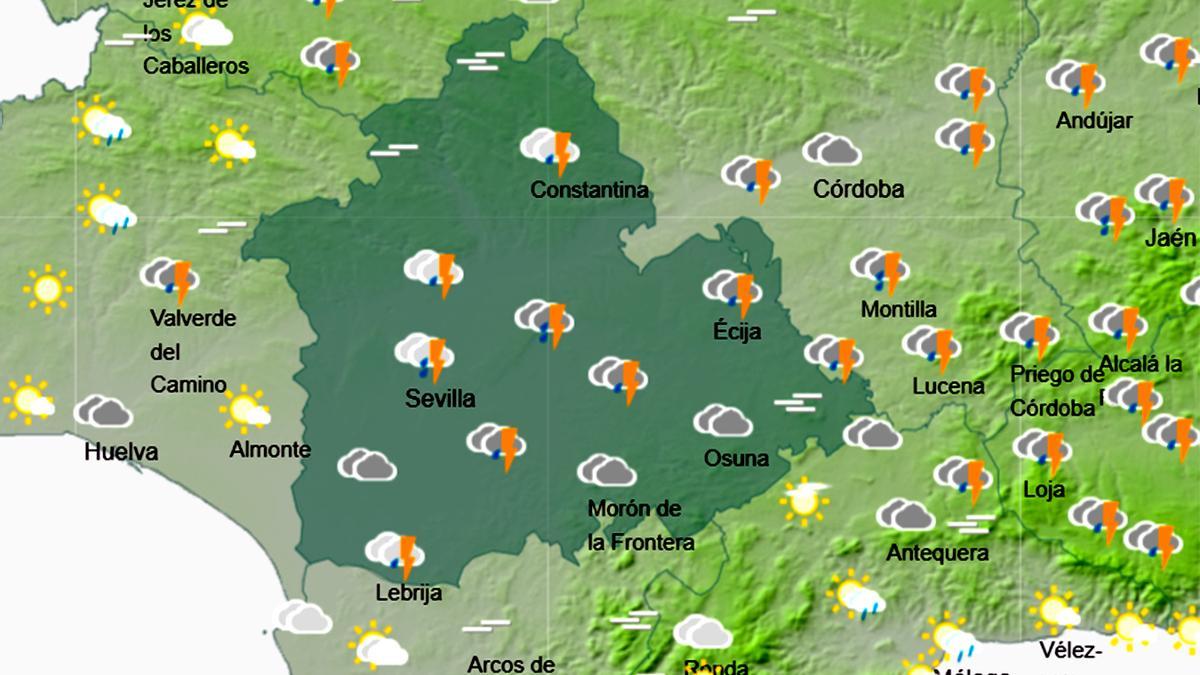 Mapa de Aemet en Sevilla a las 18.00 horas de este martes 23 de diciembre.